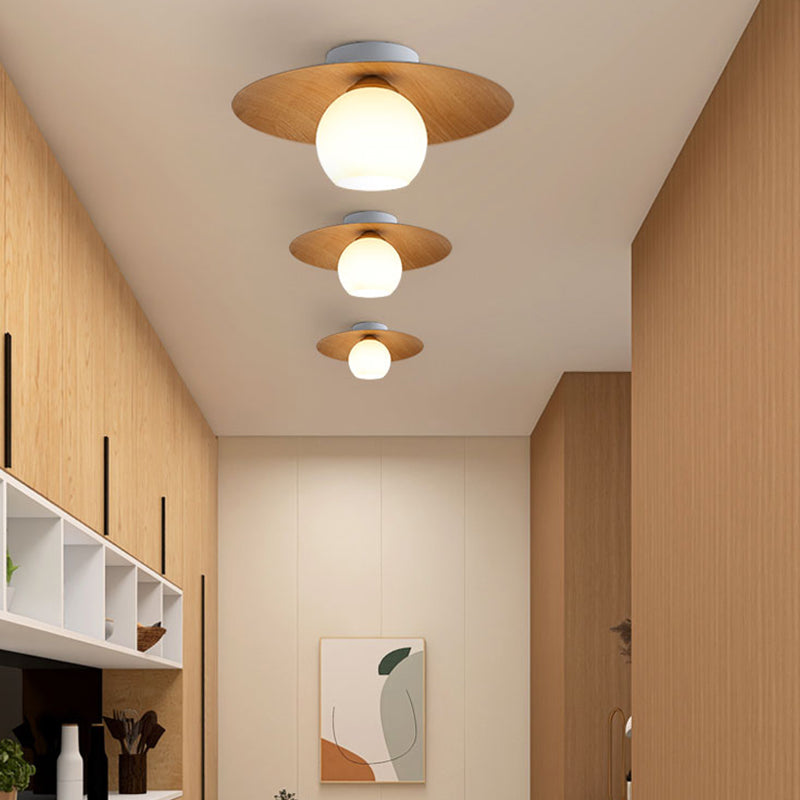 Modern Simple Iron Ceiling Lamp Ball Shape Wood Grain Ceiling Light for Bedroom