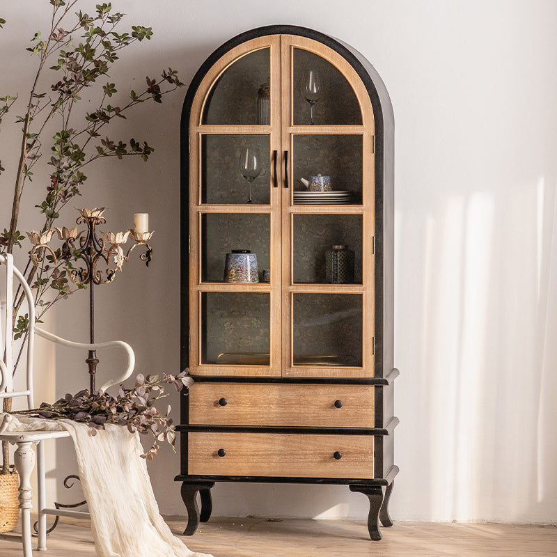 Traditional Pine Display Stand Glass Doors Display Cabinet for Dining Room