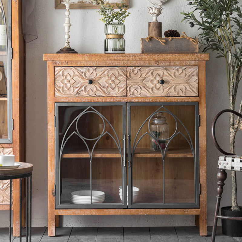 Traditional Solid Wood Display Stand Glass Doors Hutch Buffet for Bedroom