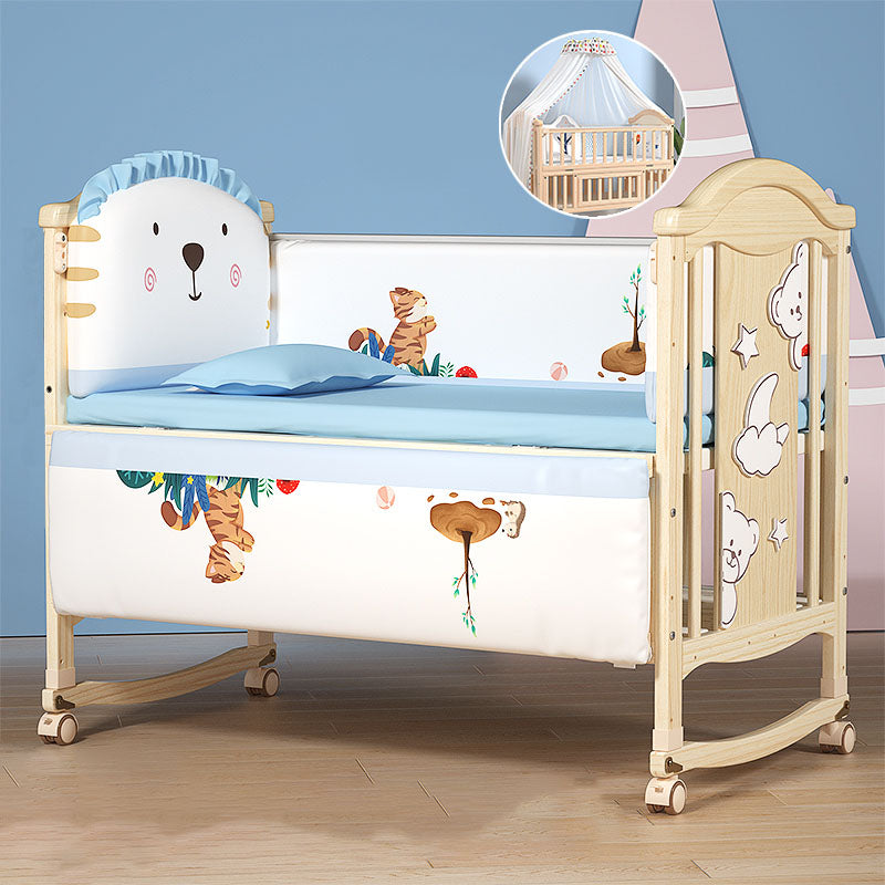 Contemporary 3-in-1 Solid Wood Convertible Baby Bed with Wheels