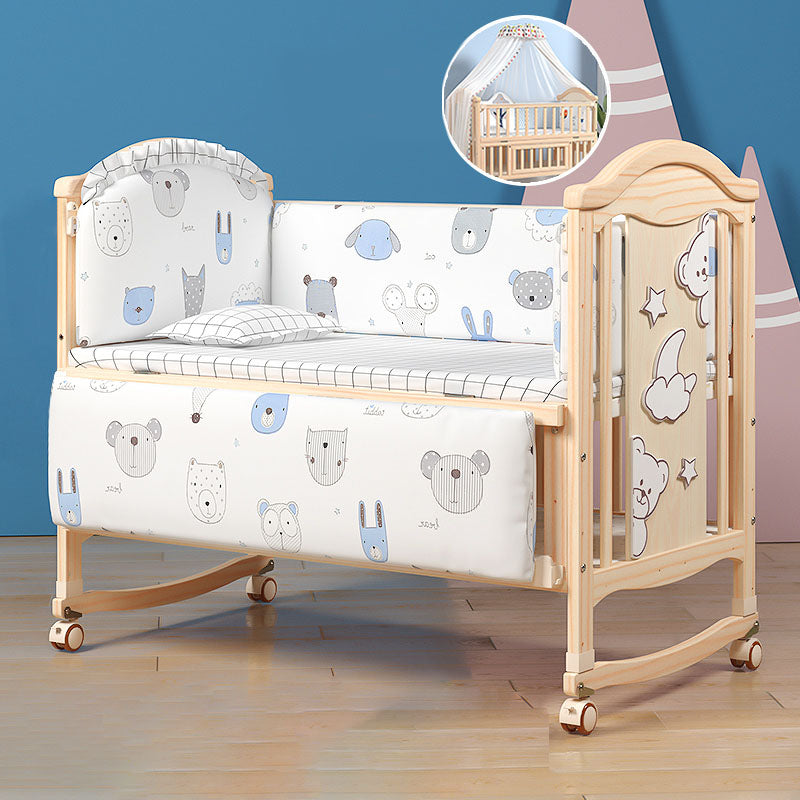 Contemporary 3-in-1 Solid Wood Convertible Baby Bed with Wheels