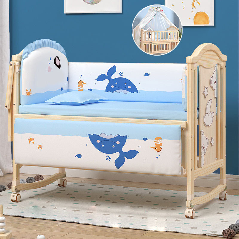 Contemporary 3-in-1 Solid Wood Convertible Baby Bed with Wheels