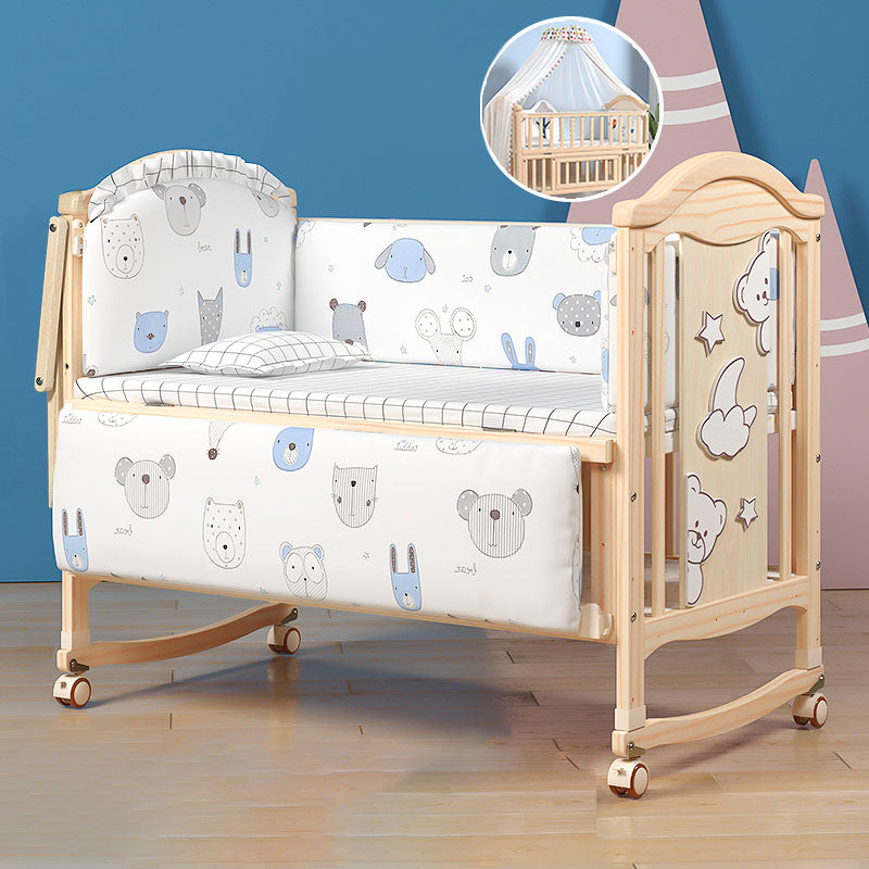 Contemporary 3-in-1 Solid Wood Convertible Baby Bed with Wheels