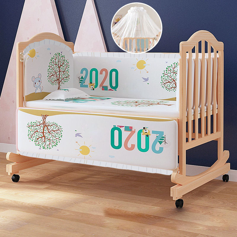 Scandinavian Nursery Crib Solid Wood Guardrail Baby Crib with Casters