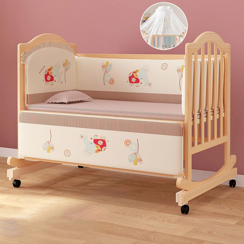 Scandinavian Nursery Crib Solid Wood Guardrail Baby Crib with Casters