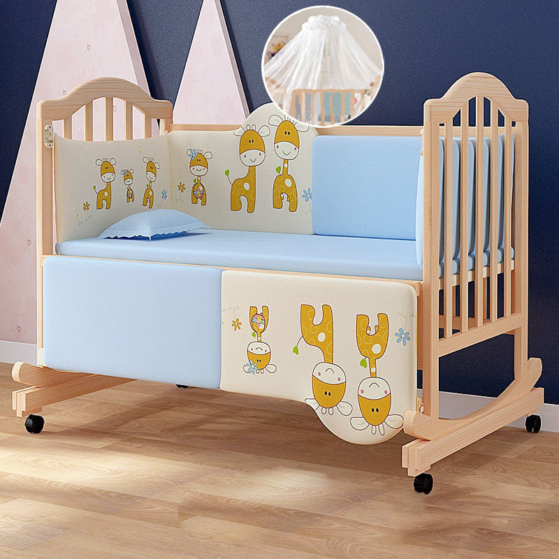 Scandinavian Nursery Crib Solid Wood Guardrail Baby Crib with Casters