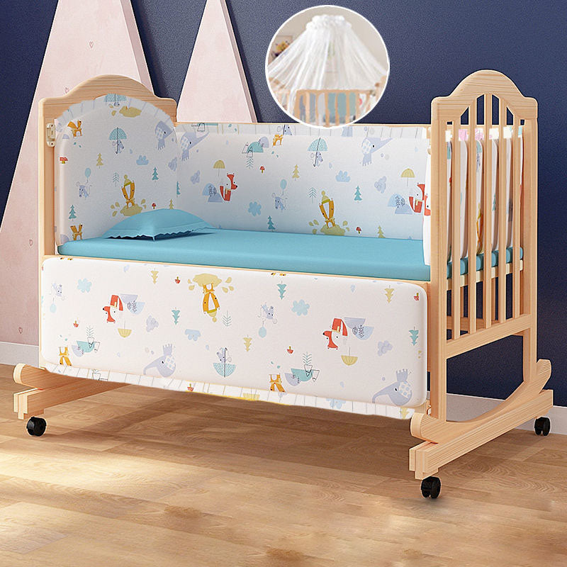 Scandinavian Nursery Crib Solid Wood Guardrail Baby Crib with Casters