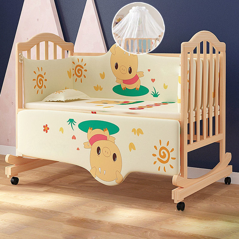 Scandinavian Nursery Crib Solid Wood Guardrail Baby Crib with Casters