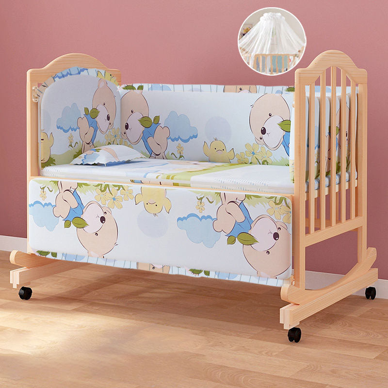 Scandinavian Nursery Crib Solid Wood Guardrail Baby Crib with Casters