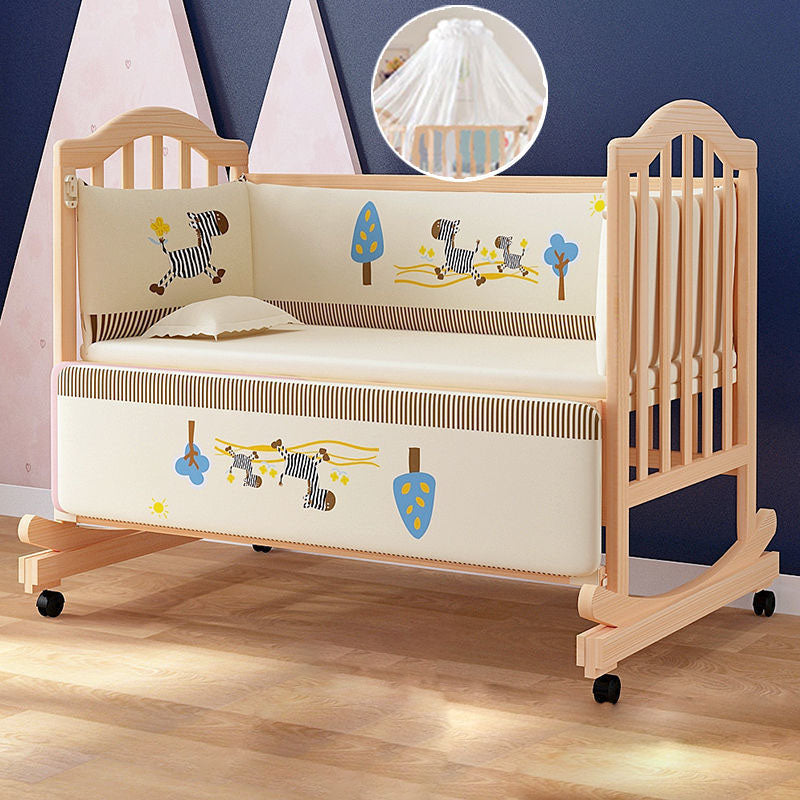 Scandinavian Nursery Crib Solid Wood Guardrail Baby Crib with Casters