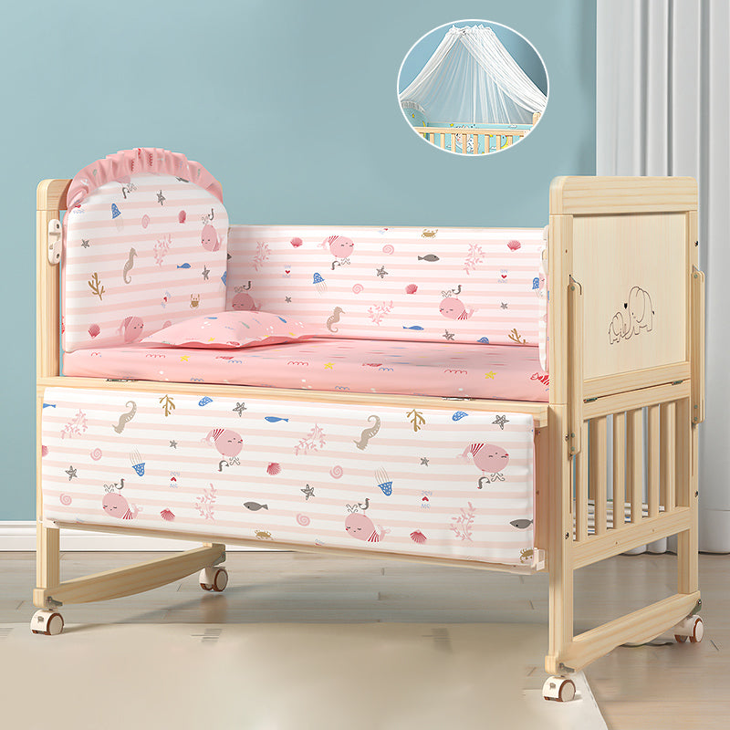 Contemporary Natural Toddler Bed Solid Wood Baby Bed with Wheels