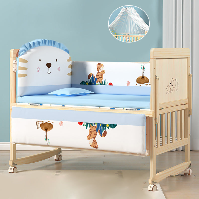 Contemporary Natural Toddler Bed Solid Wood Baby Bed with Wheels