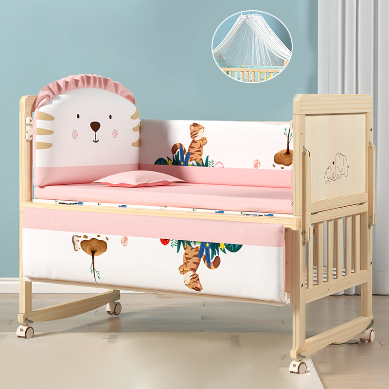 Contemporary Natural Toddler Bed Solid Wood Baby Bed with Wheels