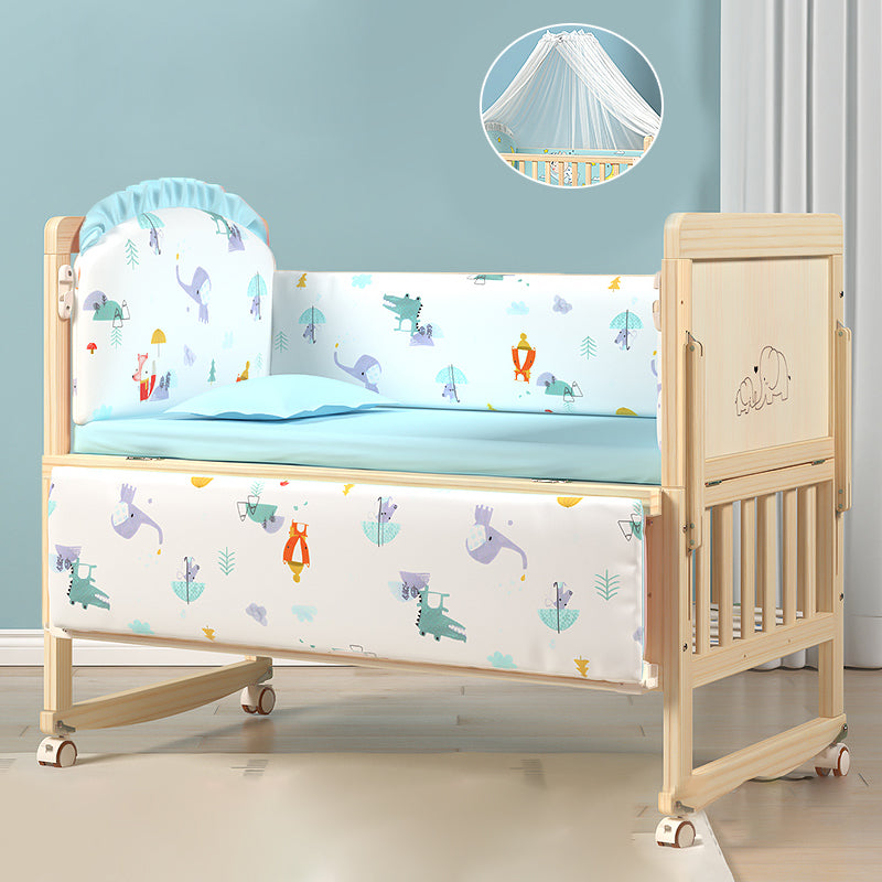 Contemporary Natural Toddler Bed Solid Wood Baby Bed with Wheels