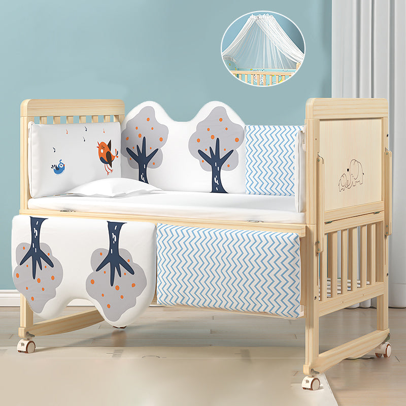 Contemporary Natural Toddler Bed Solid Wood Baby Bed with Wheels