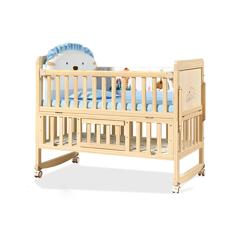 Contemporary Natural Toddler Bed Solid Wood Baby Bed with Wheels