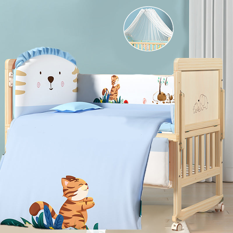 Contemporary Natural Toddler Bed Solid Wood Baby Bed with Wheels