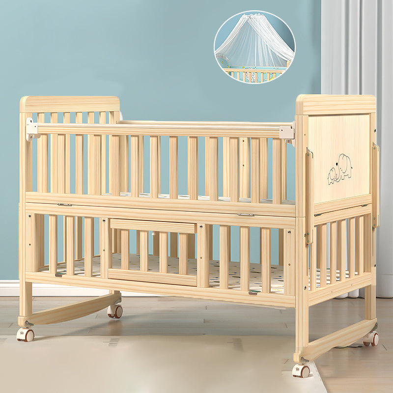 Contemporary Natural Toddler Bed Solid Wood Baby Bed with Wheels