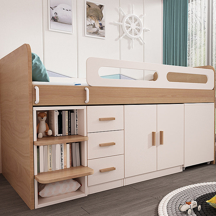 Contemporary Wood Loft Bed with Guardrail Natural Bed with Storage