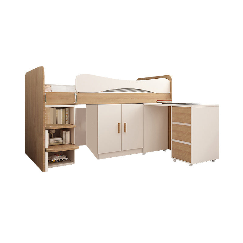 Contemporary Wood Loft Bed with Guardrail Natural Bed with Storage