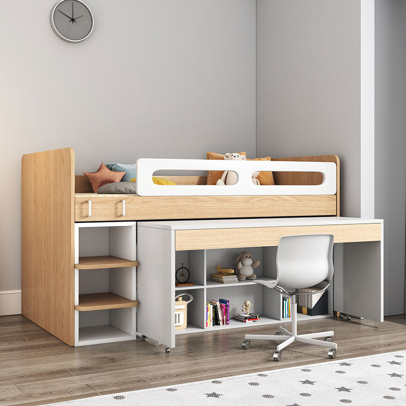 Contemporary Wood Loft Bed with Guardrail Natural Bed with Storage