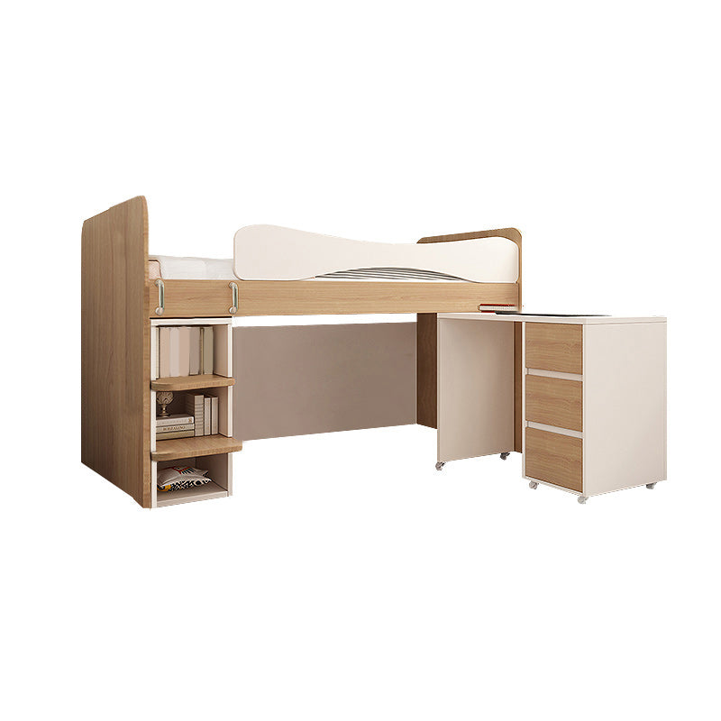 Contemporary Wood Loft Bed with Guardrail Natural Bed with Storage