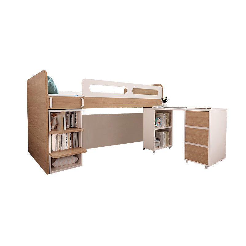 Contemporary Wood Loft Bed with Guardrail Natural Bed with Storage