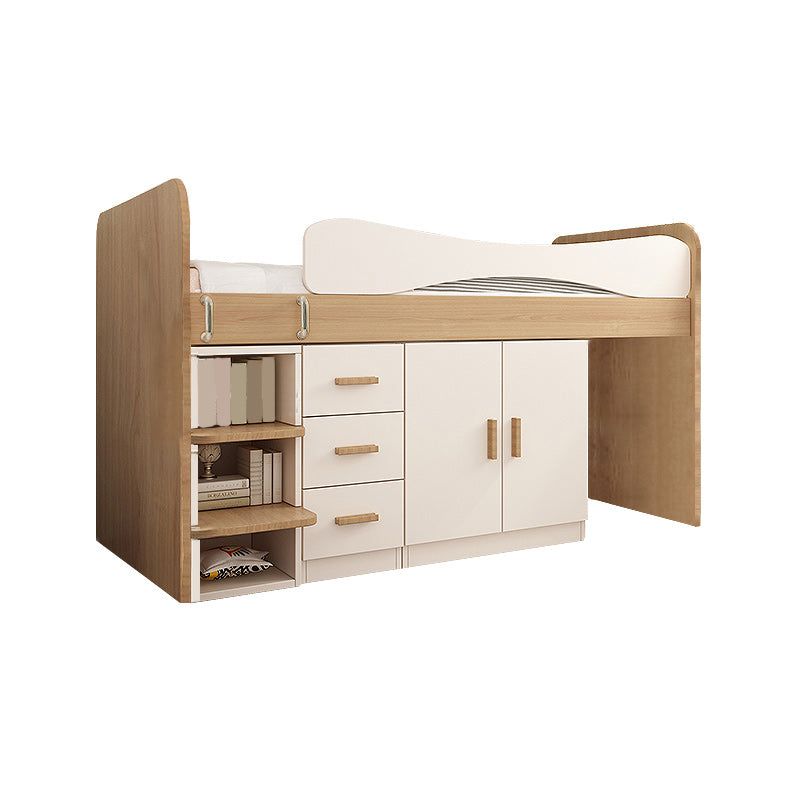 Contemporary Wood Loft Bed with Guardrail Natural Bed with Storage