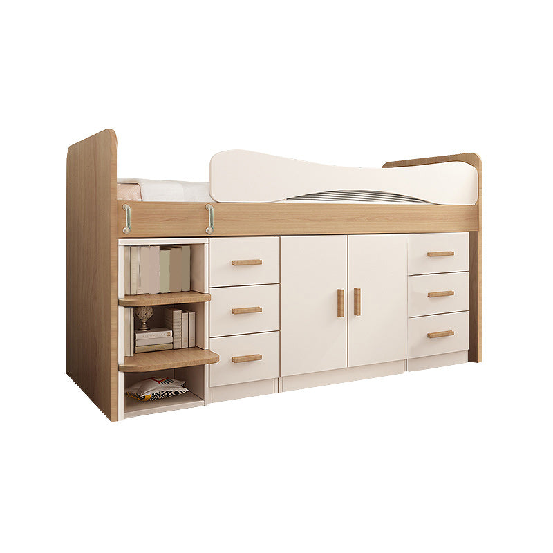 Contemporary Wood Loft Bed with Guardrail Natural Bed with Storage