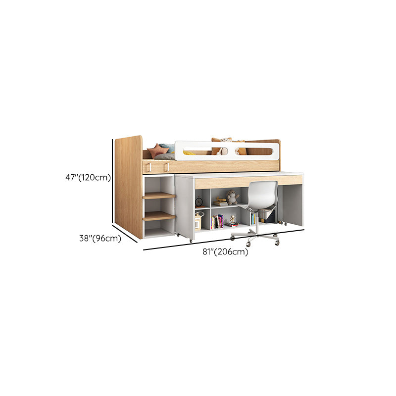 Contemporary Wood Loft Bed with Guardrail Natural Bed with Storage