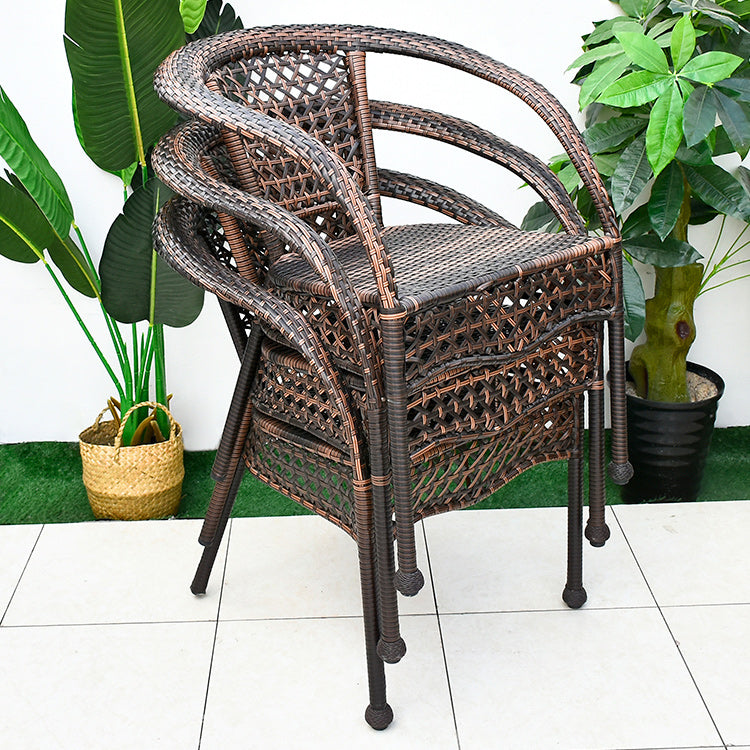 Tropical Brown Armed Chairs with Faux Rattan Open Back in Metel