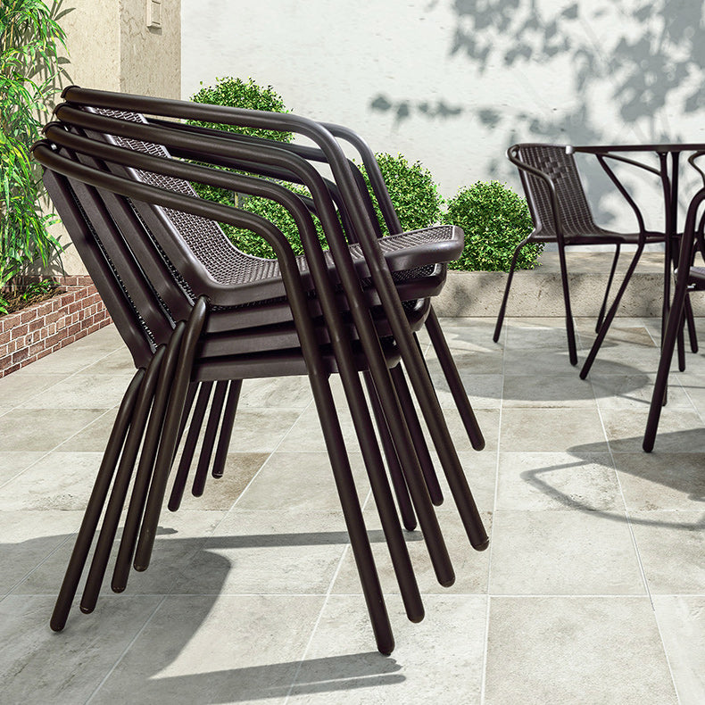 Industrial Steel Patio Dining Armchair with Plastic Back in Dark Brown