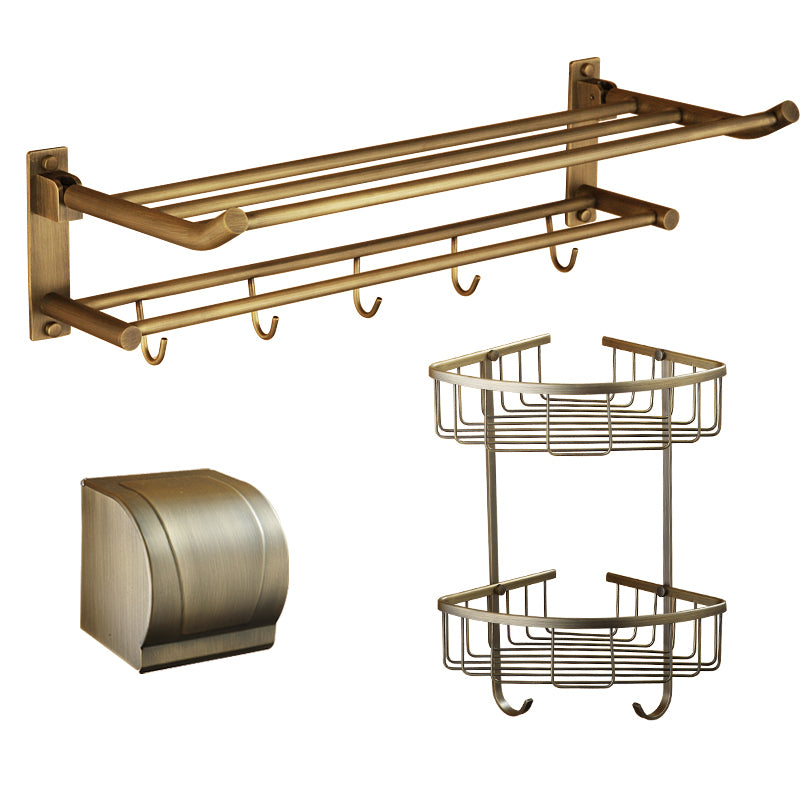 Distressed Brass Traditional Bathroom Set with Bath Shelf/Paper Holder & Towel Bar