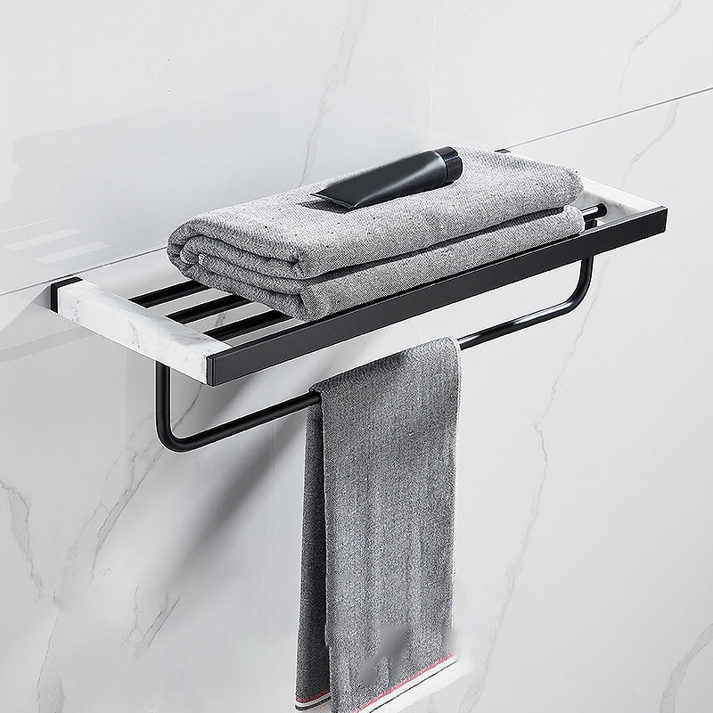 Matte Black Bathroom Accessory Set in Metal & Marble with Bath Shelf/Towel Bar