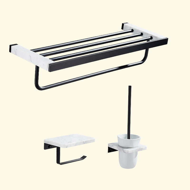 Matte Black Bathroom Accessory Set in Metal & Marble with Bath Shelf/Towel Bar