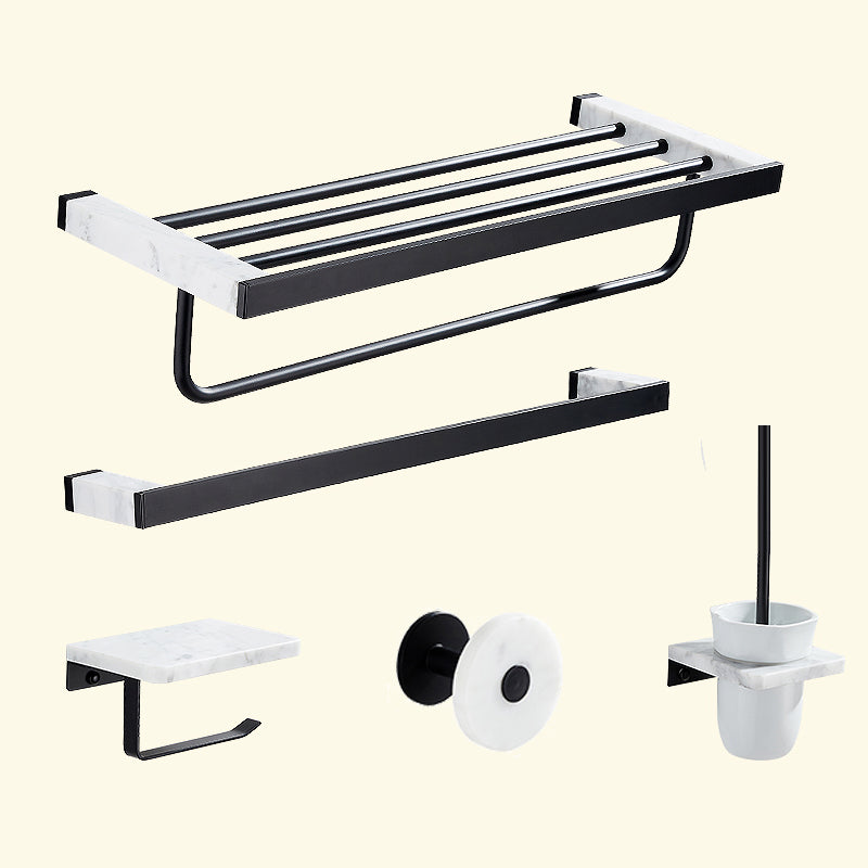 Matte Black Bathroom Accessory Set in Metal & Marble with Bath Shelf/Towel Bar