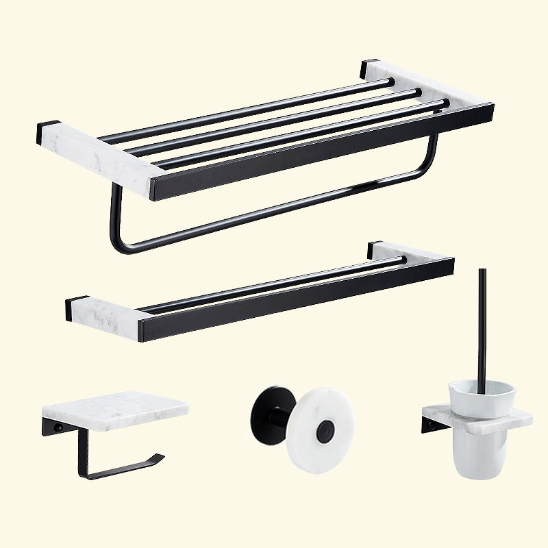 Matte Black Bathroom Accessory Set in Metal & Marble with Bath Shelf/Towel Bar