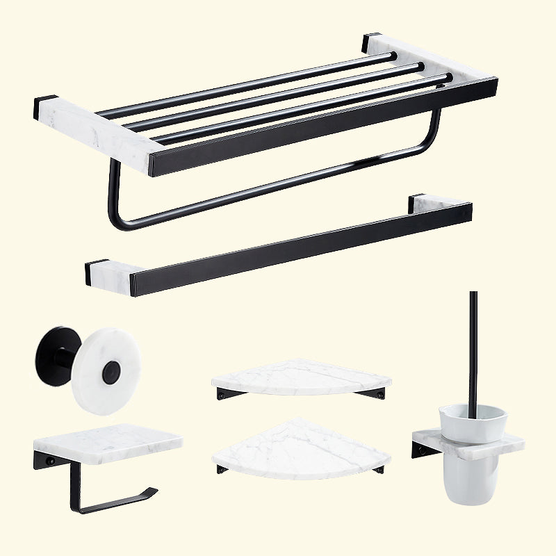 Matte Black Bathroom Accessory Set in Metal & Marble with Bath Shelf/Towel Bar