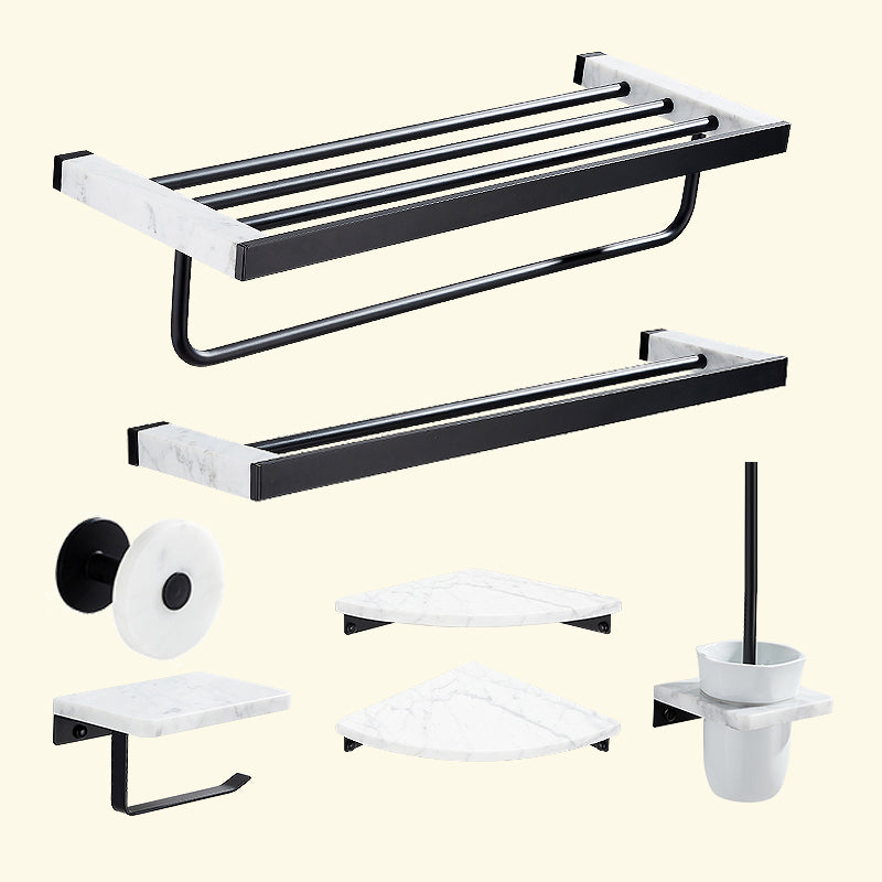 Matte Black Bathroom Accessory Set in Metal & Marble with Bath Shelf/Towel Bar