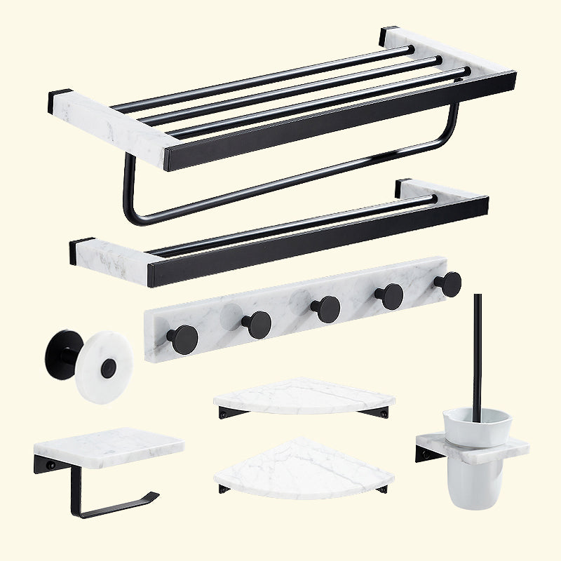 Matte Black Bathroom Accessory Set in Metal & Marble with Bath Shelf/Towel Bar