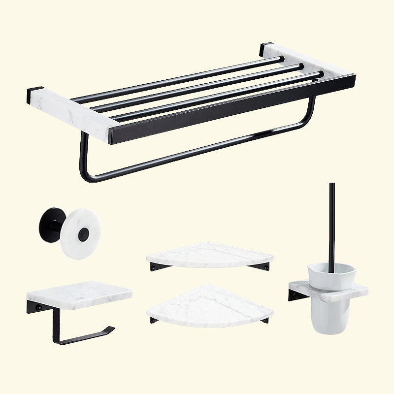 Matte Black Bathroom Accessory Set in Metal & Marble with Bath Shelf/Towel Bar