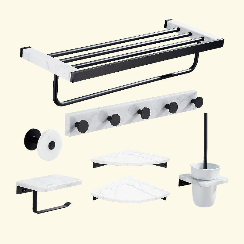 Matte Black Bathroom Accessory Set in Metal & Marble with Bath Shelf/Towel Bar