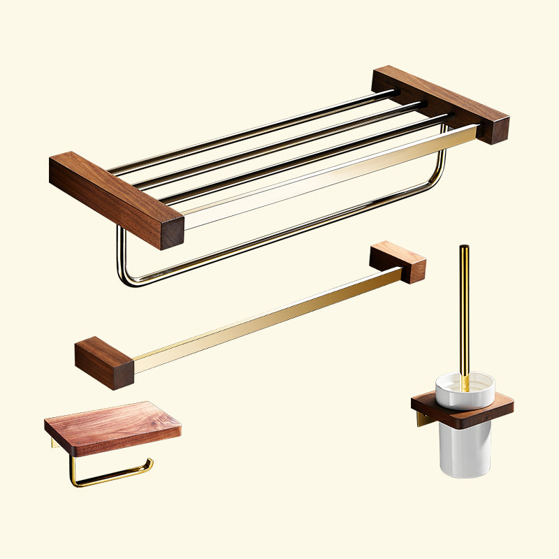 Polished Brass Bathroom Hardware Set Metal & Wood Bathroom Set with Bath Shelf/Towel Bar