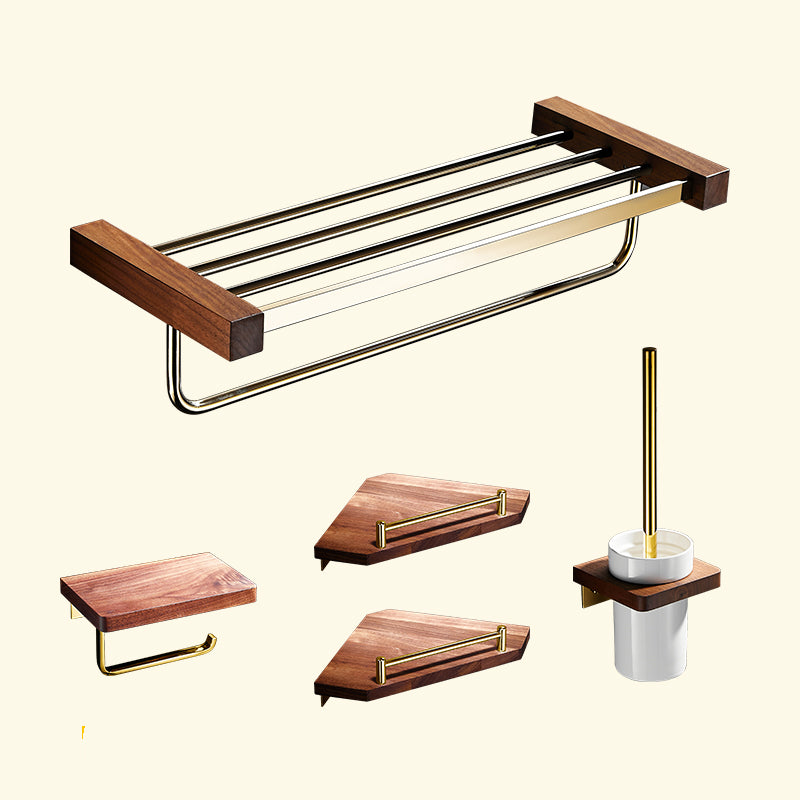 Polished Brass Bathroom Hardware Set Metal & Wood Bathroom Set with Bath Shelf/Towel Bar