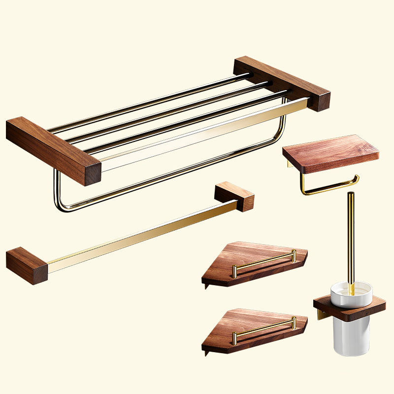 Polished Brass Bathroom Hardware Set Metal & Wood Bathroom Set with Bath Shelf/Towel Bar