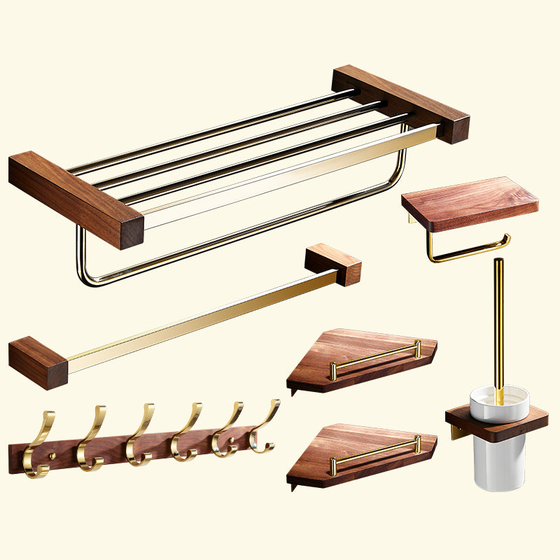 Polished Brass Bathroom Hardware Set Metal & Wood Bathroom Set with Bath Shelf/Towel Bar