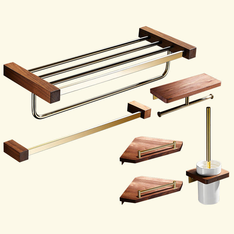 Polished Brass Bathroom Hardware Set Metal & Wood Bathroom Set with Bath Shelf/Towel Bar