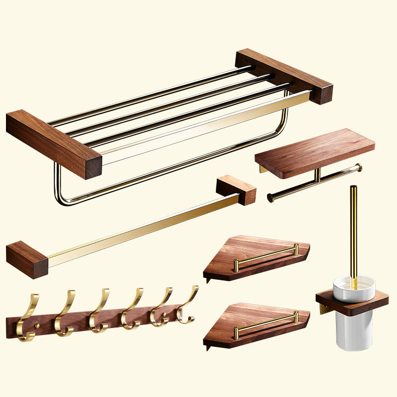 Polished Brass Bathroom Hardware Set Metal & Wood Bathroom Set with Bath Shelf/Towel Bar