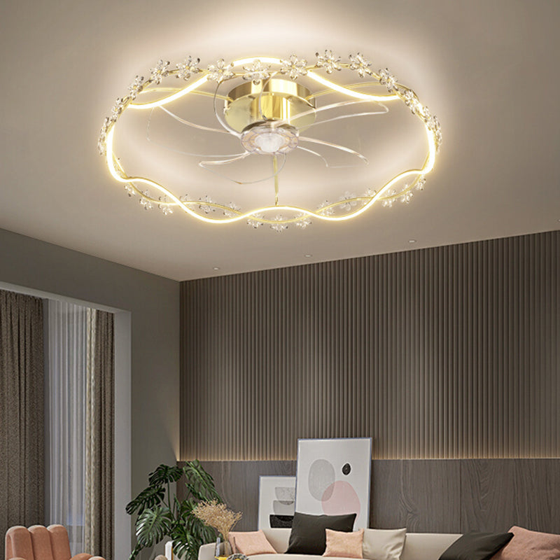 Modern Round Fan Lighting Fixture in Gold Metal and Acrylic LED Ceiling Fan