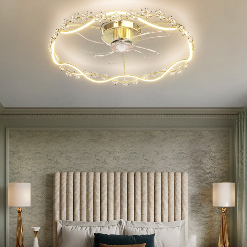 Modern Round Fan Lighting Fixture in Gold Metal and Acrylic LED Ceiling Fan